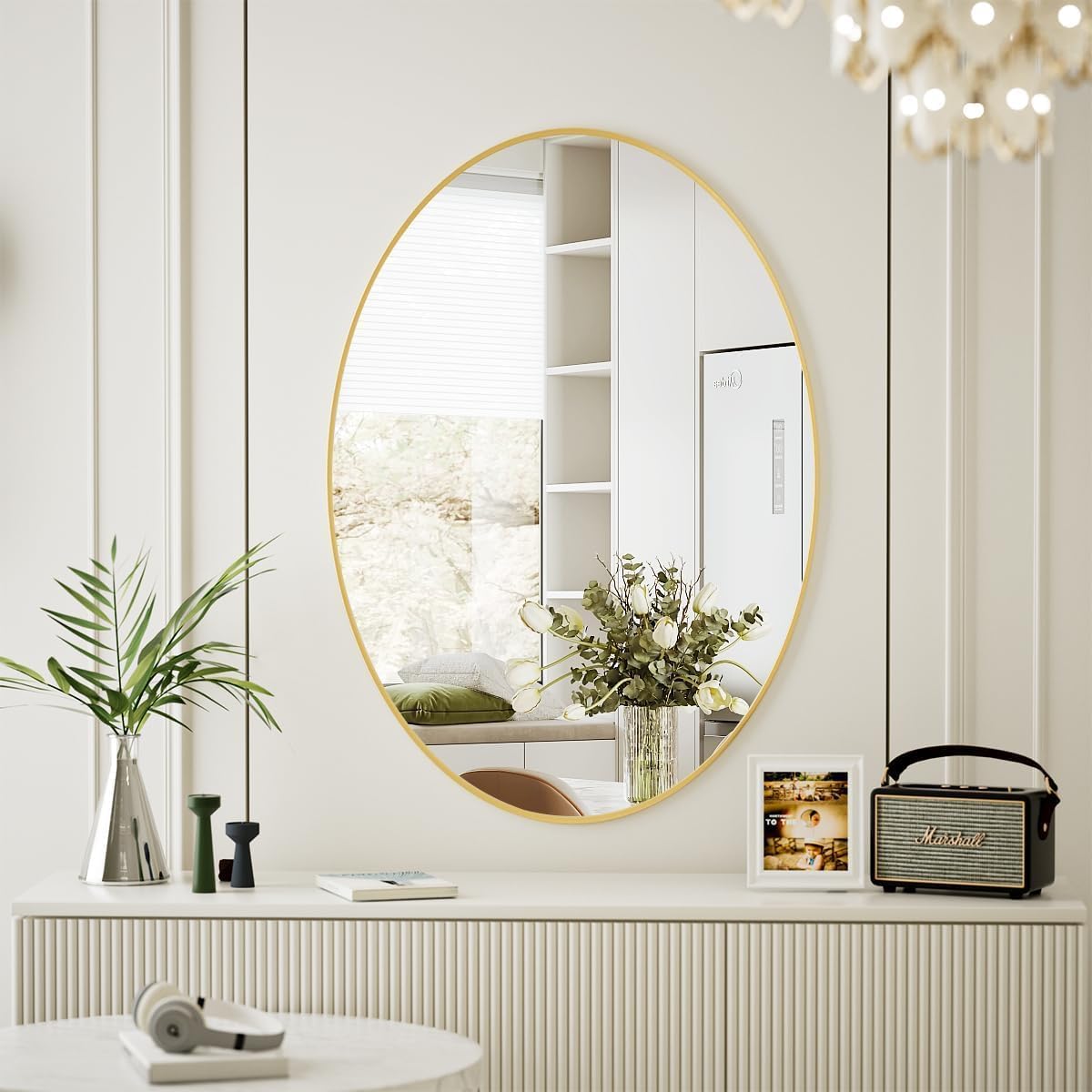 Koonmi Gold Oval Bathroom Mirror, 24"x31" Bathroom Vanity Mirror, Oval Mirror for Bedroom Living Room Entryway, Hangs Horizontal or Vertical