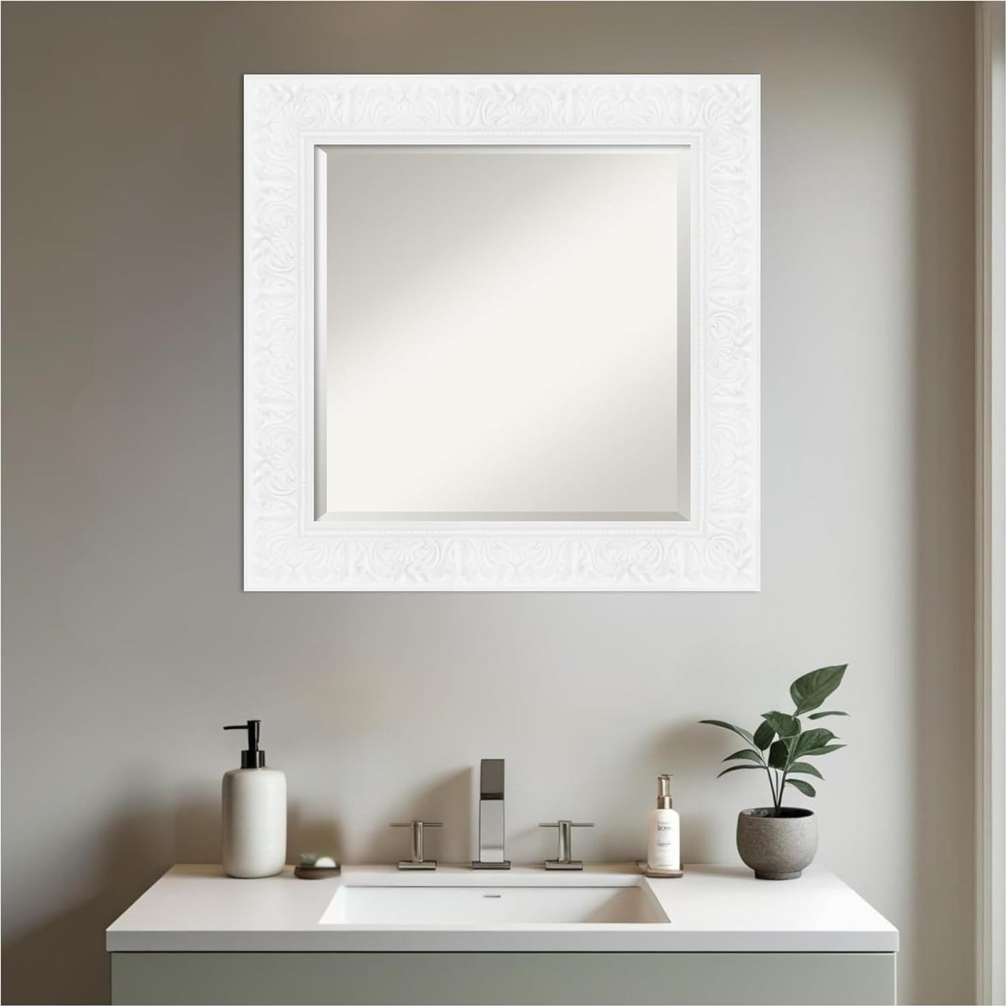 Amanti Art White Bathroom Mirror for Over Sink, 27x27 Luxe White Square Vanity Mirror, Medium Traditional Frame, Hangs Horizonally and Vertically, Bathroom Wall Decor, Beveled Edge