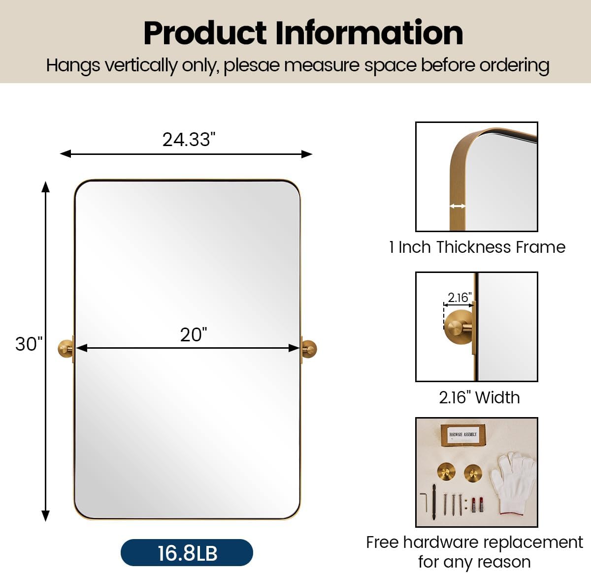 MOON MIRROR Brushed Gold Rectangle Pivot Mirror for Bathroom, Brass Pivoting Vanity，Overall 24.33 x 30 in (Mirror 20x 30 in)