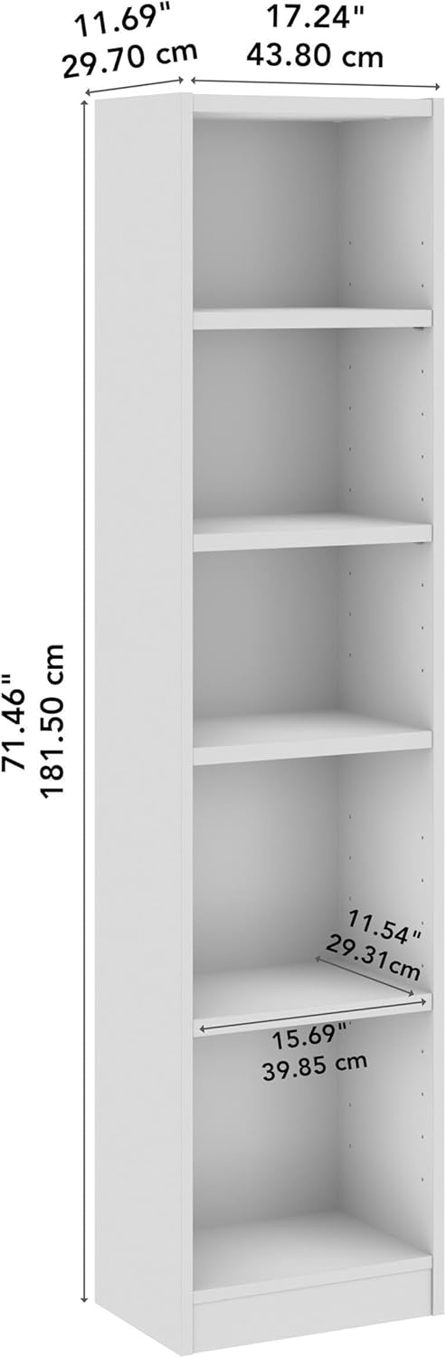 Bush Furniture Universal 17W Narrow 5 Shelf Bookcase in White, Tall Skinny Bookshelf for Home Office Storage or Living Room Organization