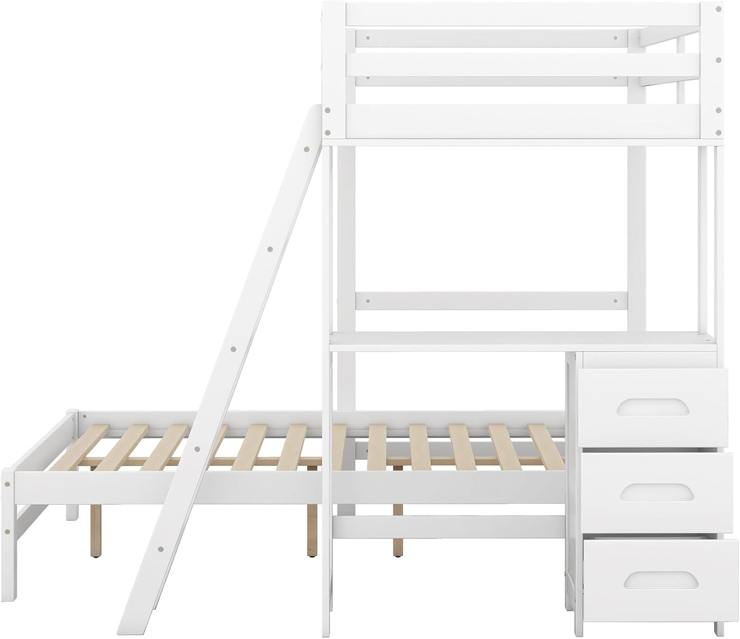 Twin Over Full Bunk Bed with Built-in Desk and Three Drawers,Pine Wood Convertible Twin Over Full L-Shaped Loft Bunk Bed Frame for Kids Teens Adults,White
