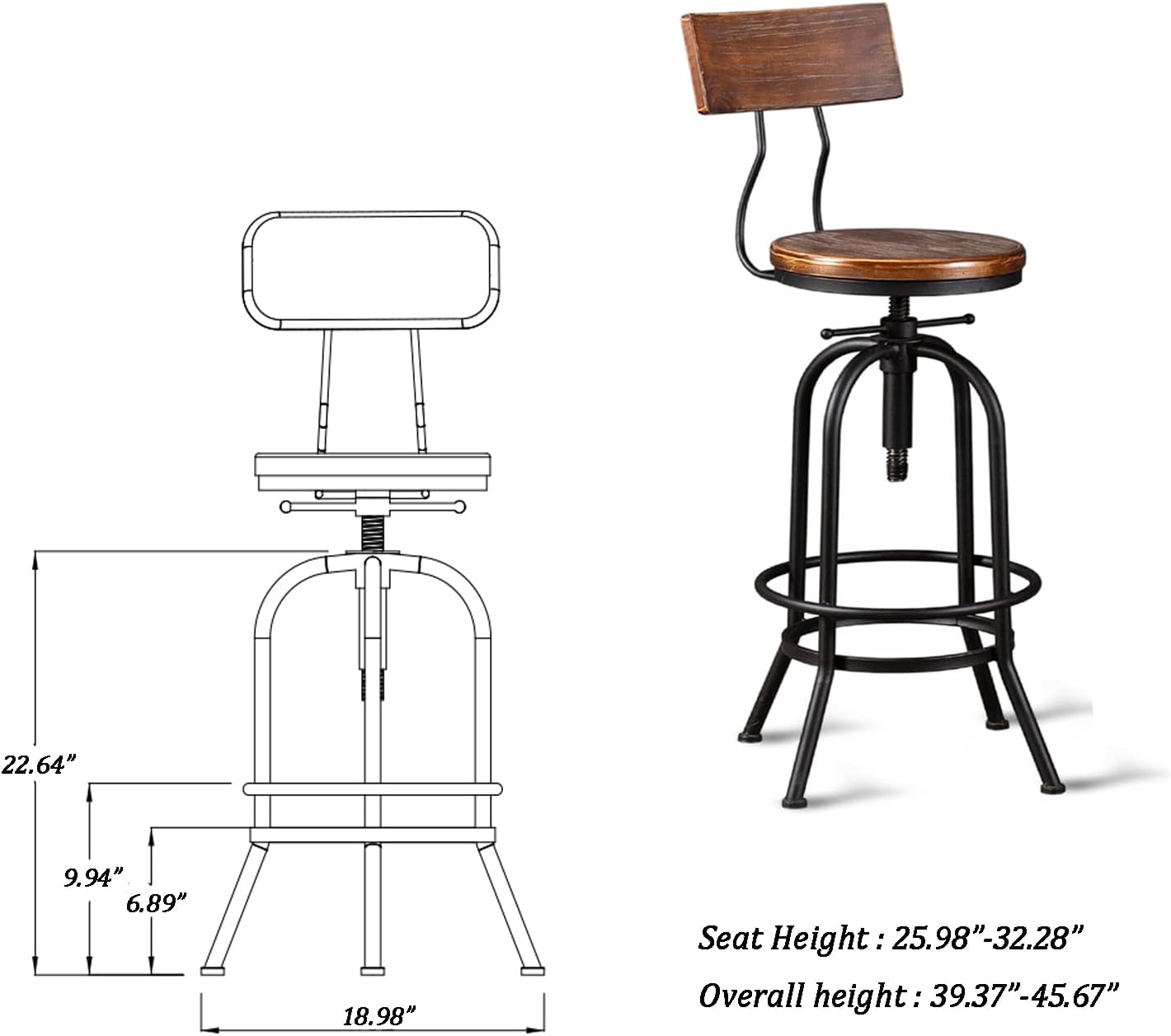 Diwhy Industrial Bar Stool-26-32 Inch Adjustable Swivel Metal Wood Seat Stool Bar Height Bar Stool with Backrest-for Kitchen, Dining Side Chair, Pub, Bistro, Set of 2, Black
