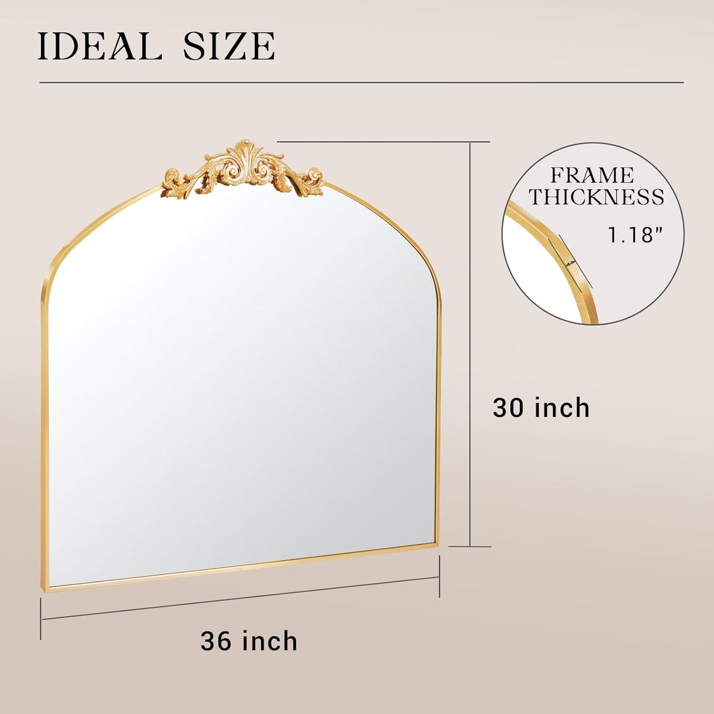 MISSDAY Vintage Gold Baroque Mirror for Wall, 36"X30" Arched Antique Wall Mirror with Elegant Carving Top, Full Metal Frame Wall-Mounted Mirror for Bathroom, Living Room, Fireplace, Entryway, Hallway