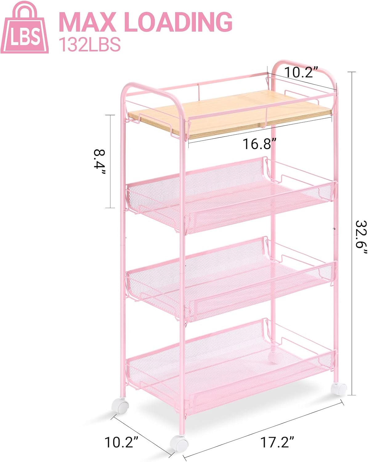 KINGRACK 4-Tier Metal Rolling Utility Cart, Pink, Flexible, Sturdy, Easy Assembly, Anti-Rust, Waterproof, Scratch-Resistant, Breathable Mesh Basket, Ideal for Home Storage