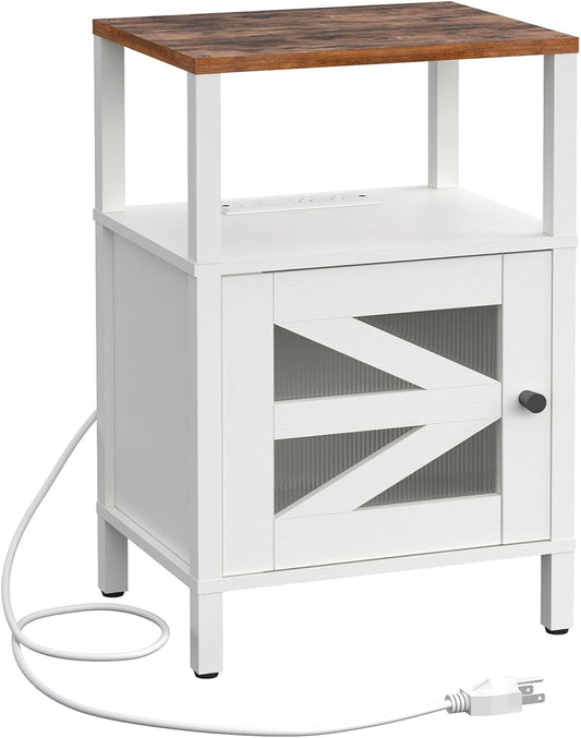 Farmhouse Nightstand with Charging Station, White Bedside Table with USB&Type-C Ports and Outlets, End Table with Storage, Acrylic Door, for Bedroom, White and Rustic Brown ETRW97E01