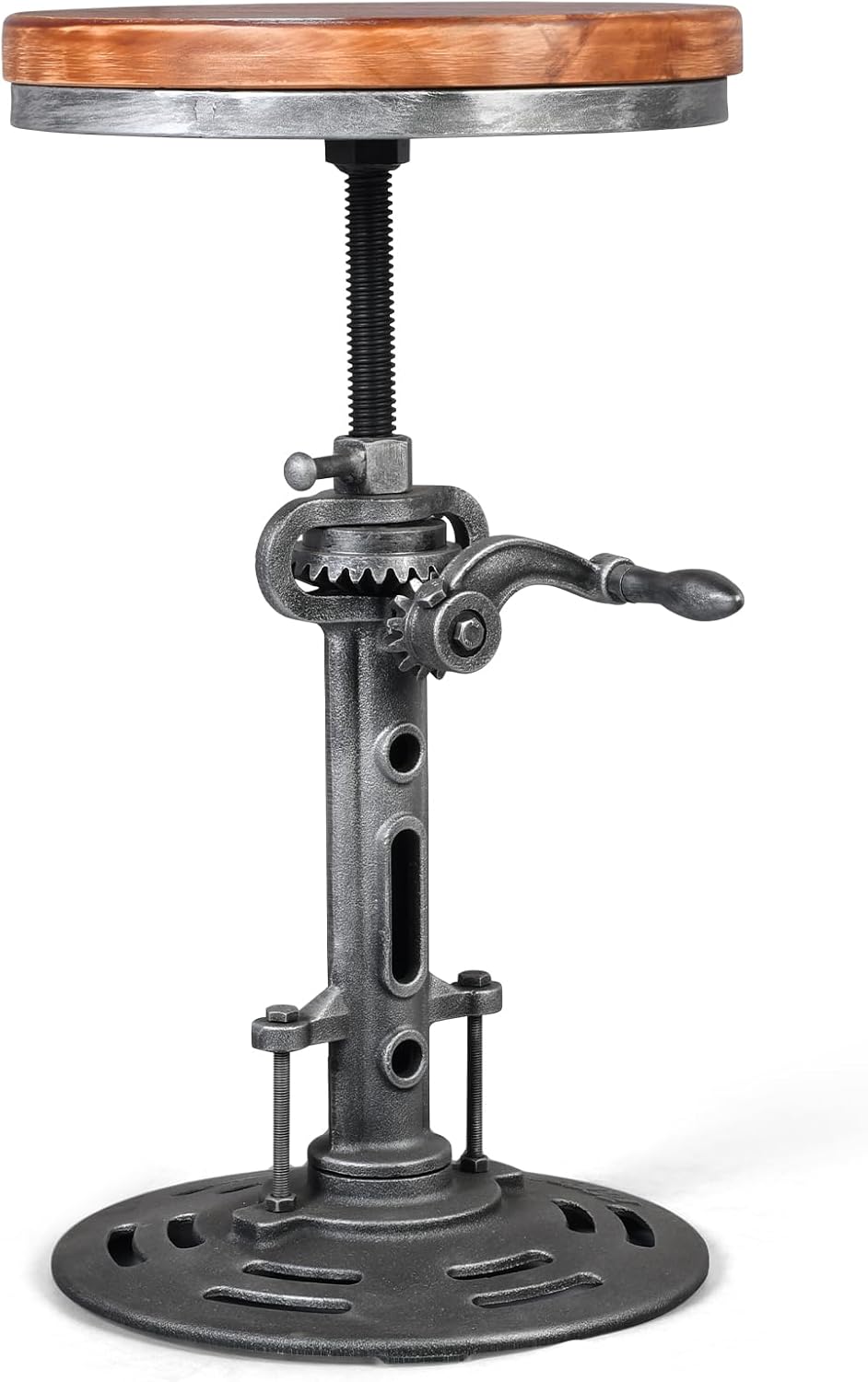 LOKKHAN American Antique Steampunk Deco Vintage Industrial Bar Cafe Stool, Retro Stylish Cast Iron Base Swivel Round Wood Top, Easily Adjusts by Crank Handle