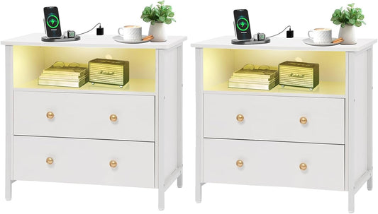 27 Inch Wide Night Stand, Large Wood Night Stand Set 2 with 2 Drawers, LED Nightstand with Charging Station and Adjustable Drawer, Bedside Table for Living Room/Bedroom/Study/Office, White.