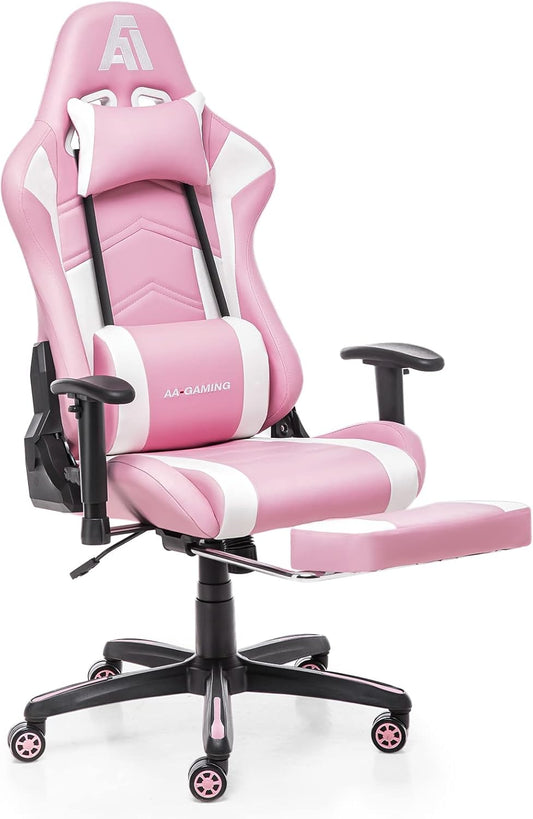 AA Products Gaming Chair Ergonomic High Back Computer Racing Chair Adjustable Office Chair with Footrest, Lumbar Support Swivel Chair - WhitePink