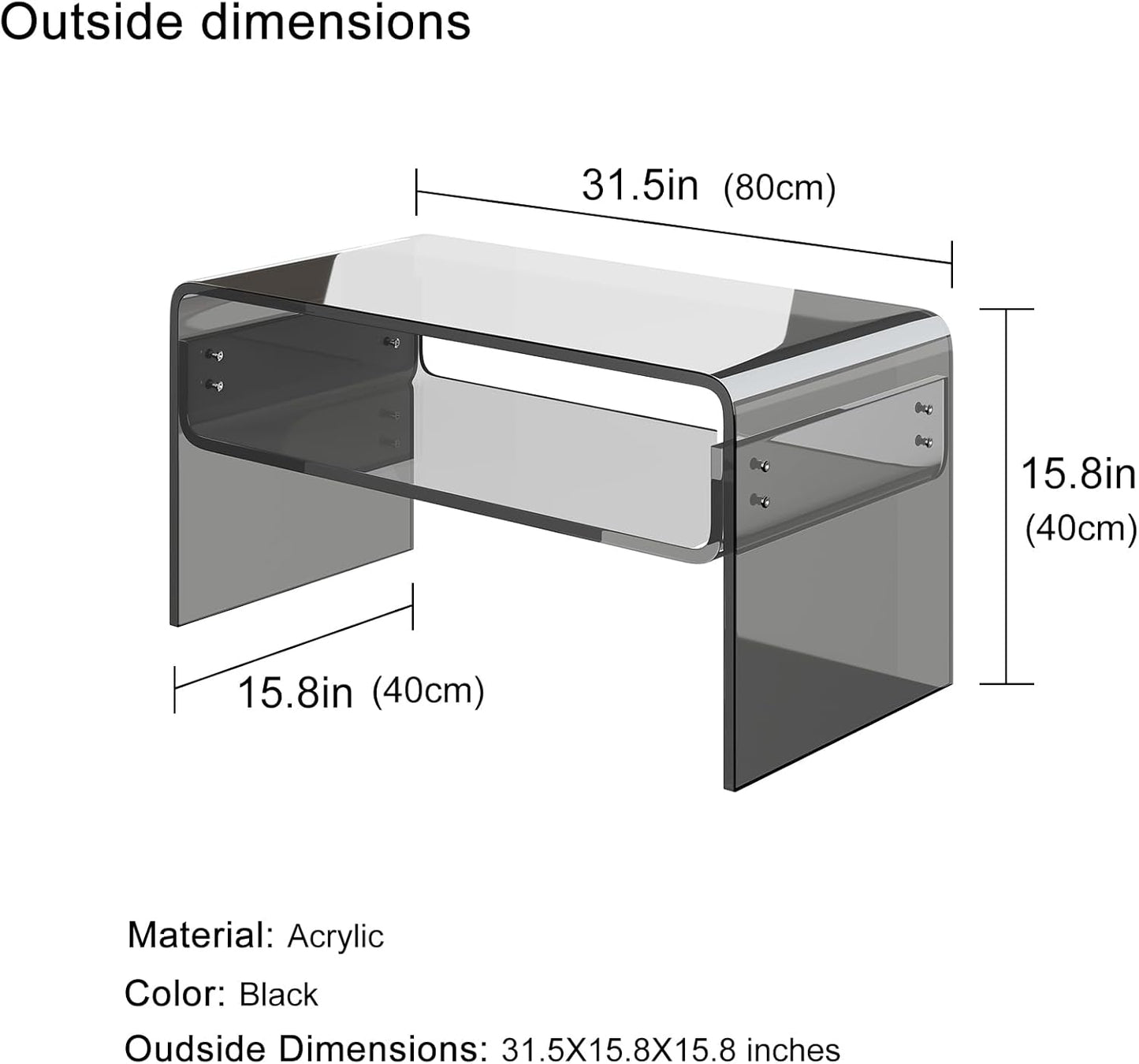 Acrylic Coffee Table, Black Rectangle Modern Side Table Furniture, Tea Table with Open Storage, Suitable for Living Room, Office Reception and Bedroom