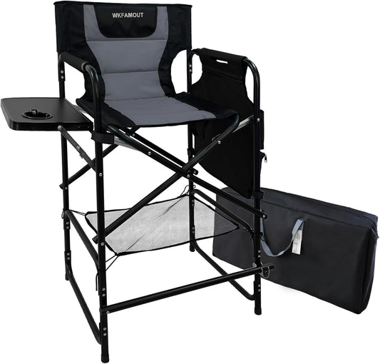 Tall Folding Directors Chair with Side Table 30.71" Seat Height Foldable Camping Chair Bar Stool for Makeup Artist Face Painting with Footrest and Storage Pocket Supports 350LBS