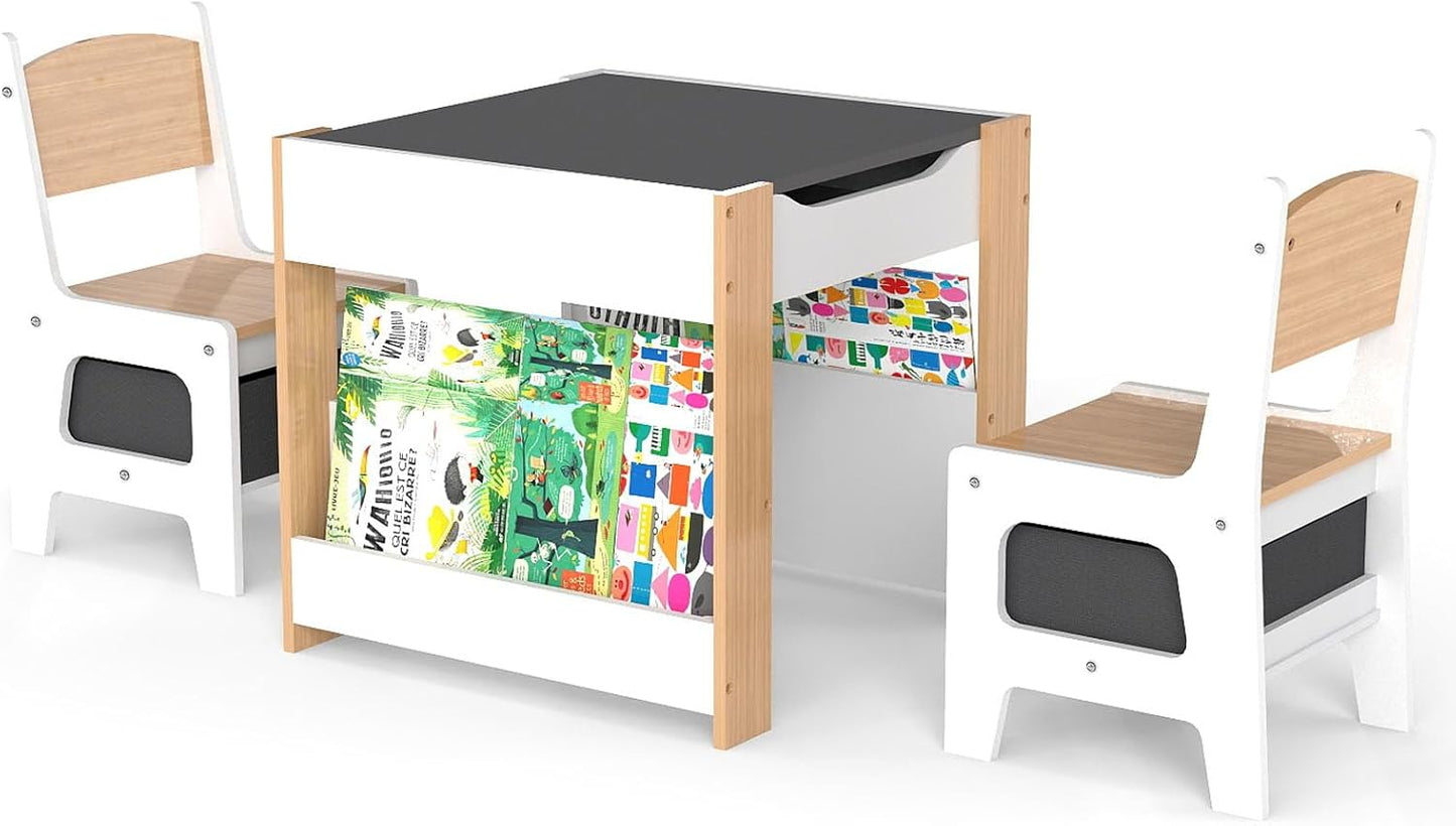 Asweets Kids Table and Chair Set,4 in 1 Toddler Desk with Storage Drawer,Wooden Activity Table for 2 in 1 Detachable Tabletop,Bookshelf,Suitable for Classroom,Home,Nursery,Playroom (Ivory White)