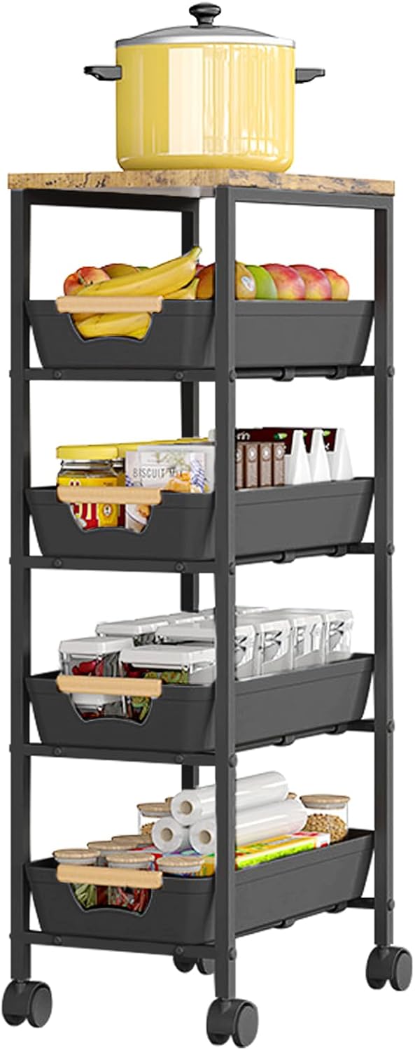 Aupekro 5-Tier Rolling Storage Cart with Wooden Top, Narrow Metal Kitchen Storage Cart, Versatile Mobile Shelving Unit Trolley, Pantry Utility Cart with Pull-Out Drawer (Black)