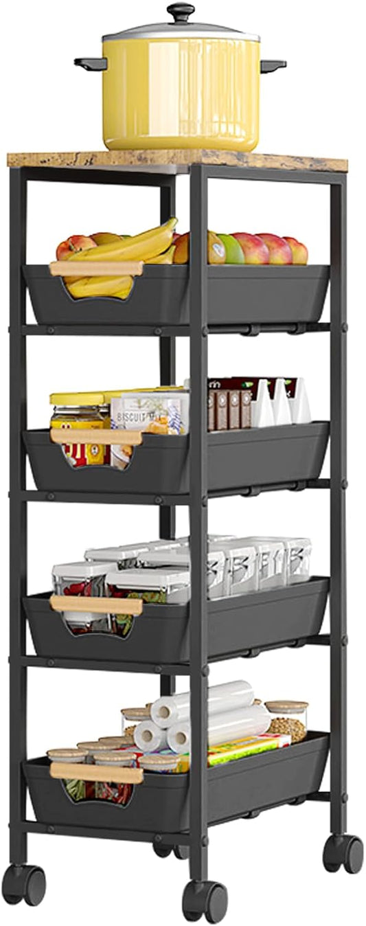 Aupekro 5-Tier Rolling Storage Cart with Wooden Top, Narrow Metal Kitchen Storage Cart, Versatile Mobile Shelving Unit Trolley, Pantry Utility Cart with Pull-Out Drawer (Black)