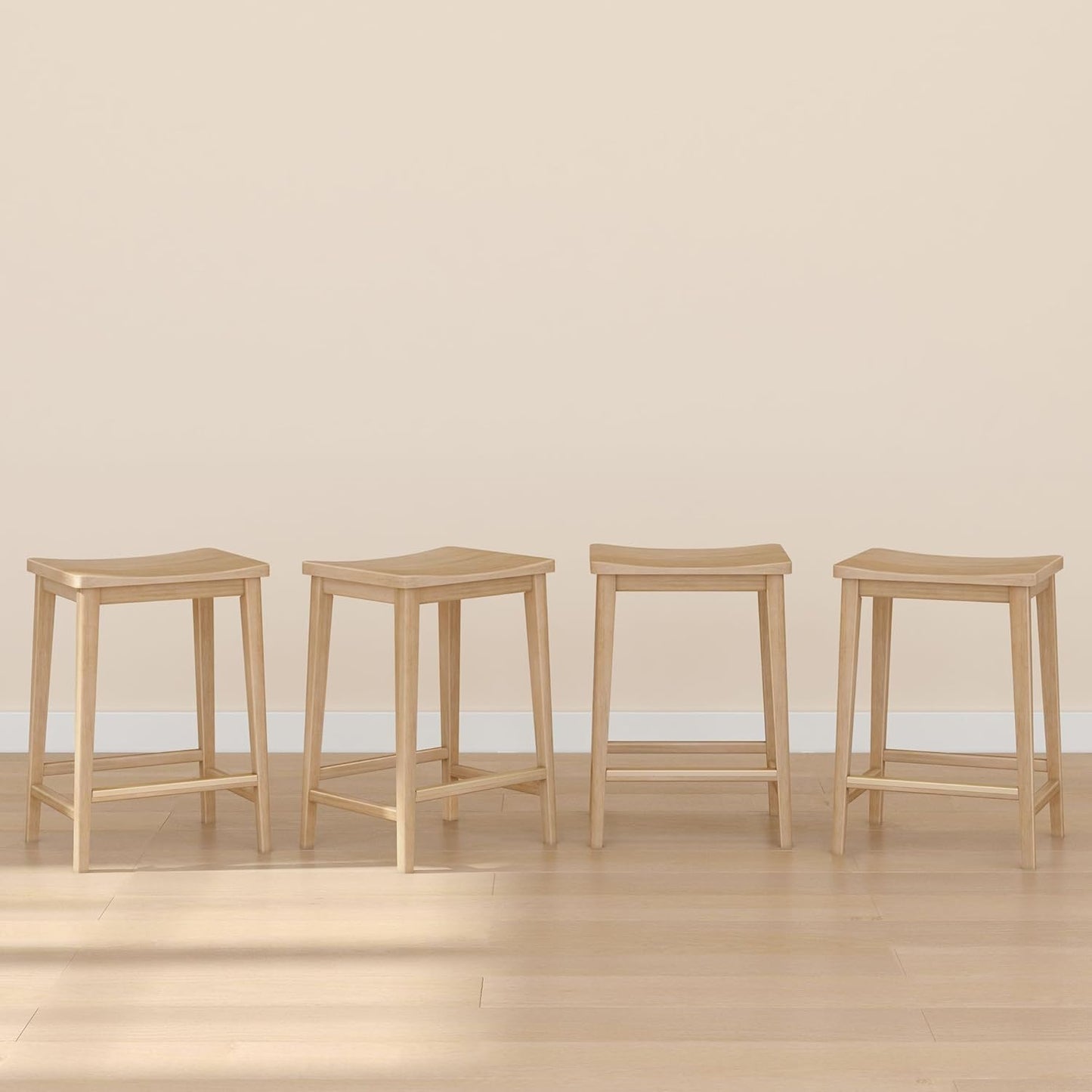 Plank+Beam Smythe Counter Stool, 24", Set of 4, Sturdy Wood Modern Kitchen Counter Height Stool, Saddle Seat Backless Counter Chair, Metal Footrest, Blonde