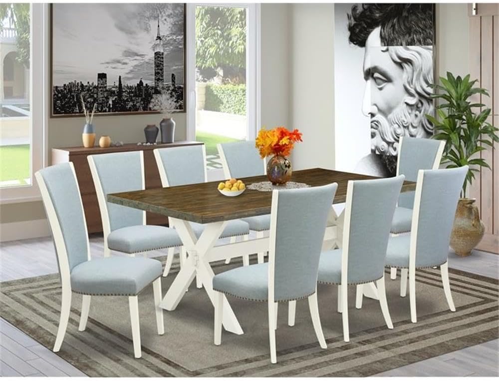 East West Furniture X077VE215-9 9 Piece Kitchen Table Set Includes a Rectangle Dining Table with X-Legs and 8 Baby Blue Linen Fabric Parson Dining Room Chairs, 40x72 Inch, Multi-Color