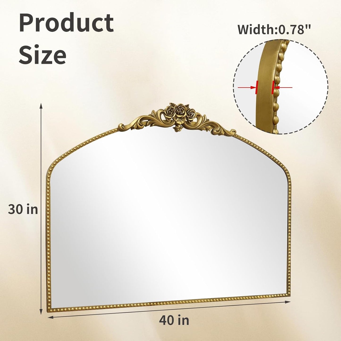 AIXI HOME Vintage Gold Arched Mirror 40"X30", Antique Baroque Mantel Mirror with Ornate Metal Frame, Victorian Dress Wall Mirror for Entryway/Fireplace/Living Room/Hallway/Bathroom/Bedroom