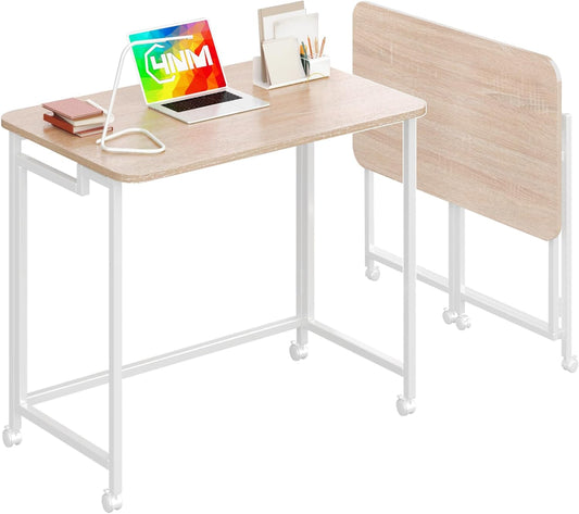 4NM 27.5" Mobile Small Rolling Computer Desk, Folding Laptop Cart Table with Wheels, Portable Office Desk for Small Space Couch Bed - Natural and White