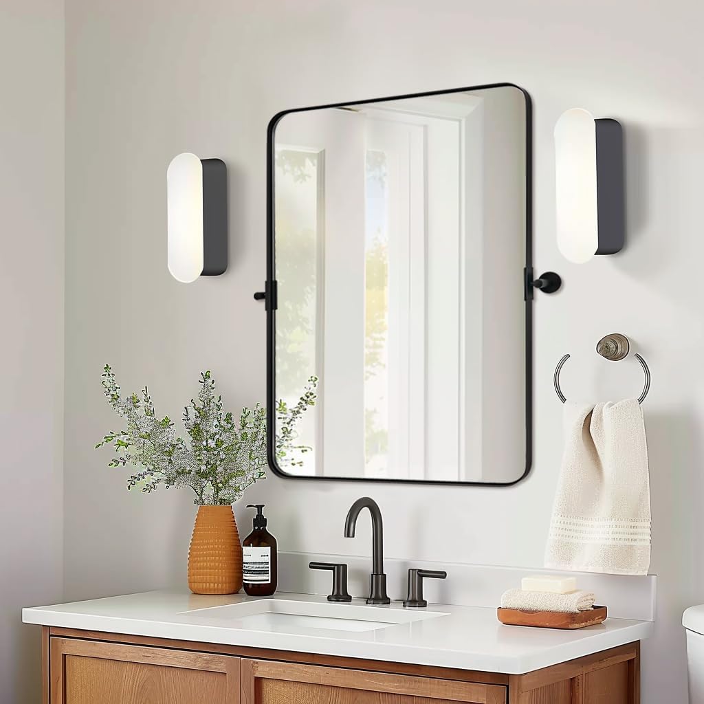 MOON MIRROR Matte Black Pivot Mirror for Bathroom, Tilt Rounded Rectangle for Vanity, Overall 28.33x 32 in (Mirror 24x32 in)