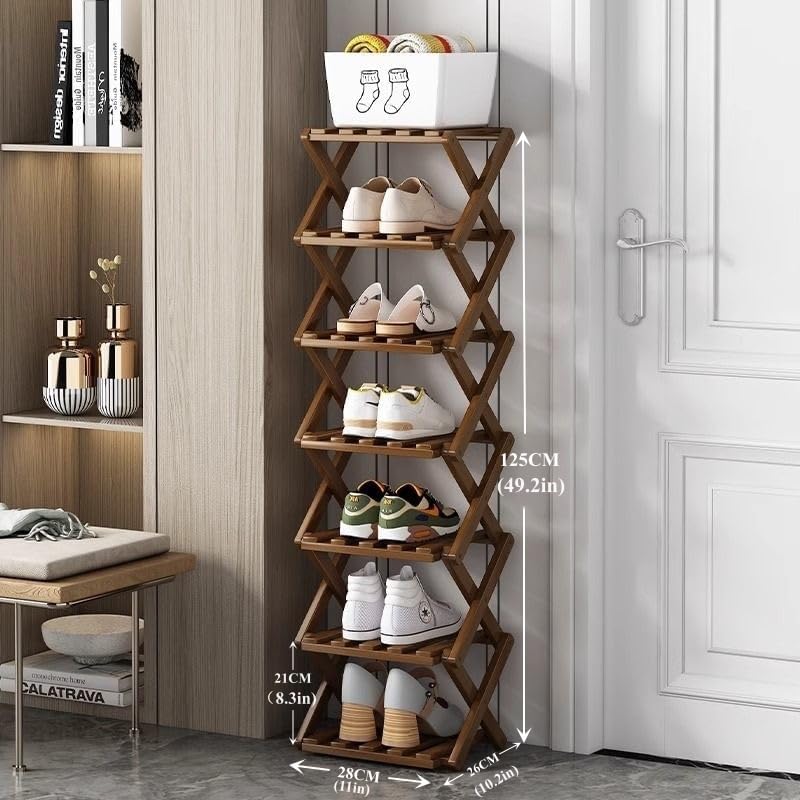 Shoe Rack, Bamboo Foldable Shoes Organizer Free Standing Shelf for Entryway, Closet, Bedroom, Hallway, | Natural | Functional | Multifunctional Shoe Rack (Brown Color) 7 Layers