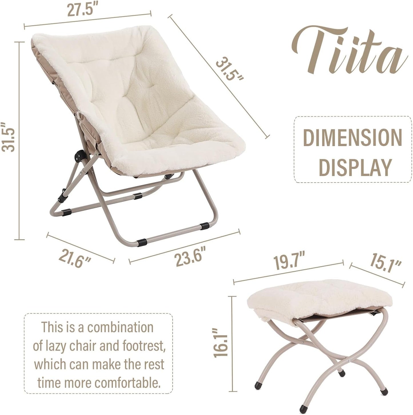 Tiita Folded Chair with Ottoman, Soft Faux Fur Oversized Folding Accent Chair,Lounge Lazy Chair, Metal Frame Moon Chair for Bedroom, Living Room, Dorm Rooms, Garden and Courtyard