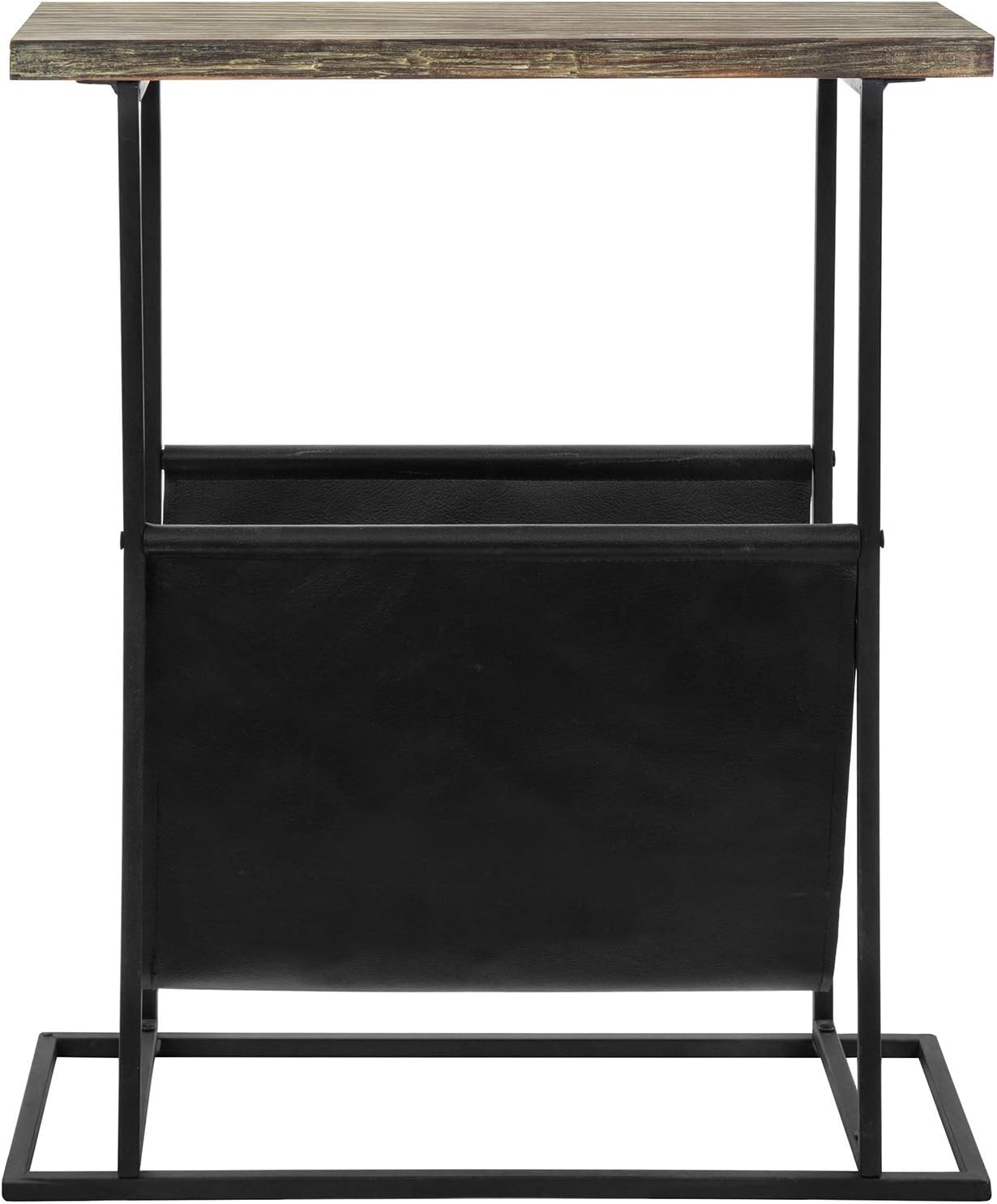 MyGift 21-Inch Modern Narrow Living Room End Table with Hand Torched Solid Wood Tabletop and Black Metal Frame, Bedroom Nightstand Side Table with Magazine Holder Sling