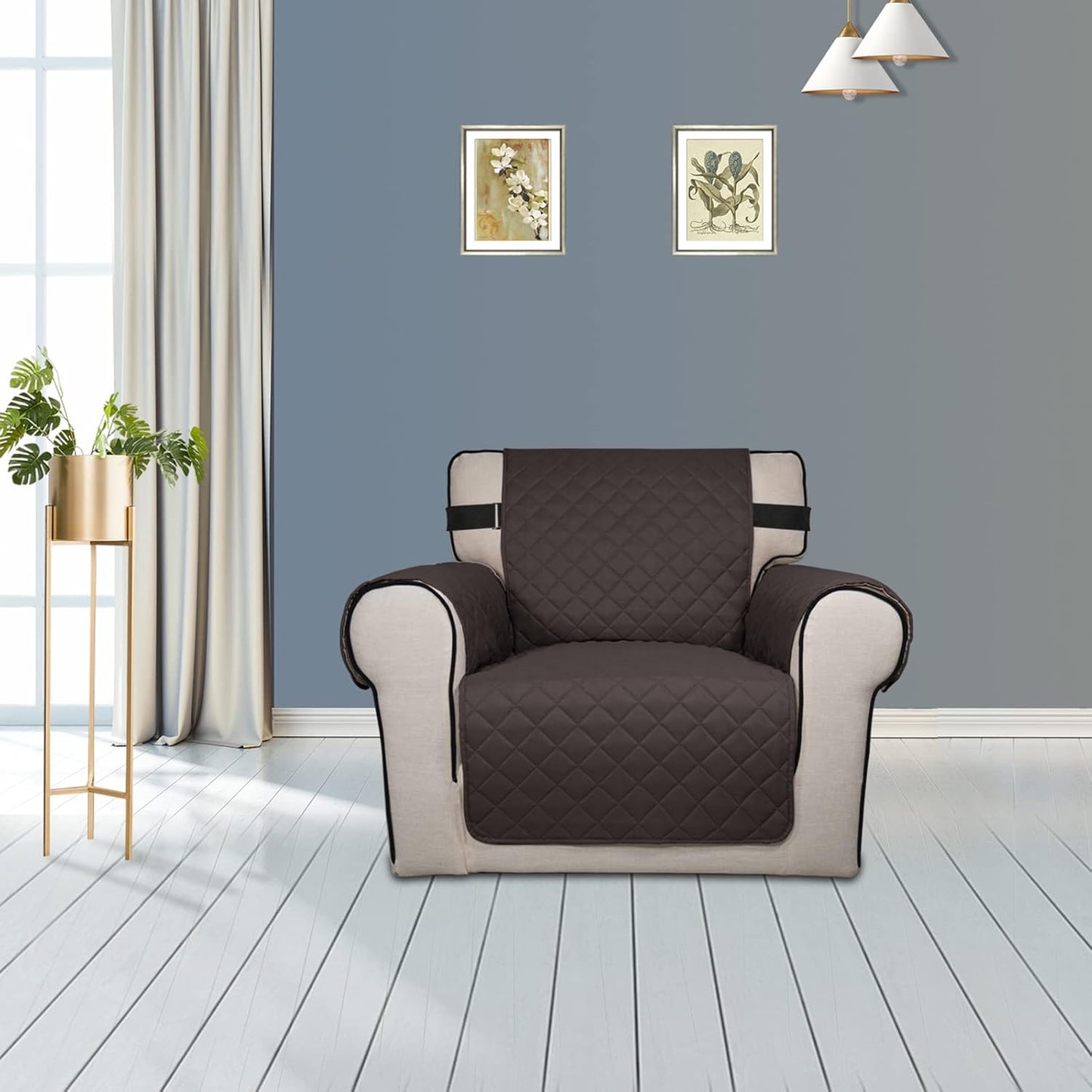 PureFit Reversible Sofa Cover Water Resistant Chair Couch Cover, Machine Washable Furniture Cover with Non-Slip Foam and Adjustable Strap for Dogs, Pets (Chair, Chocolate/Beige)