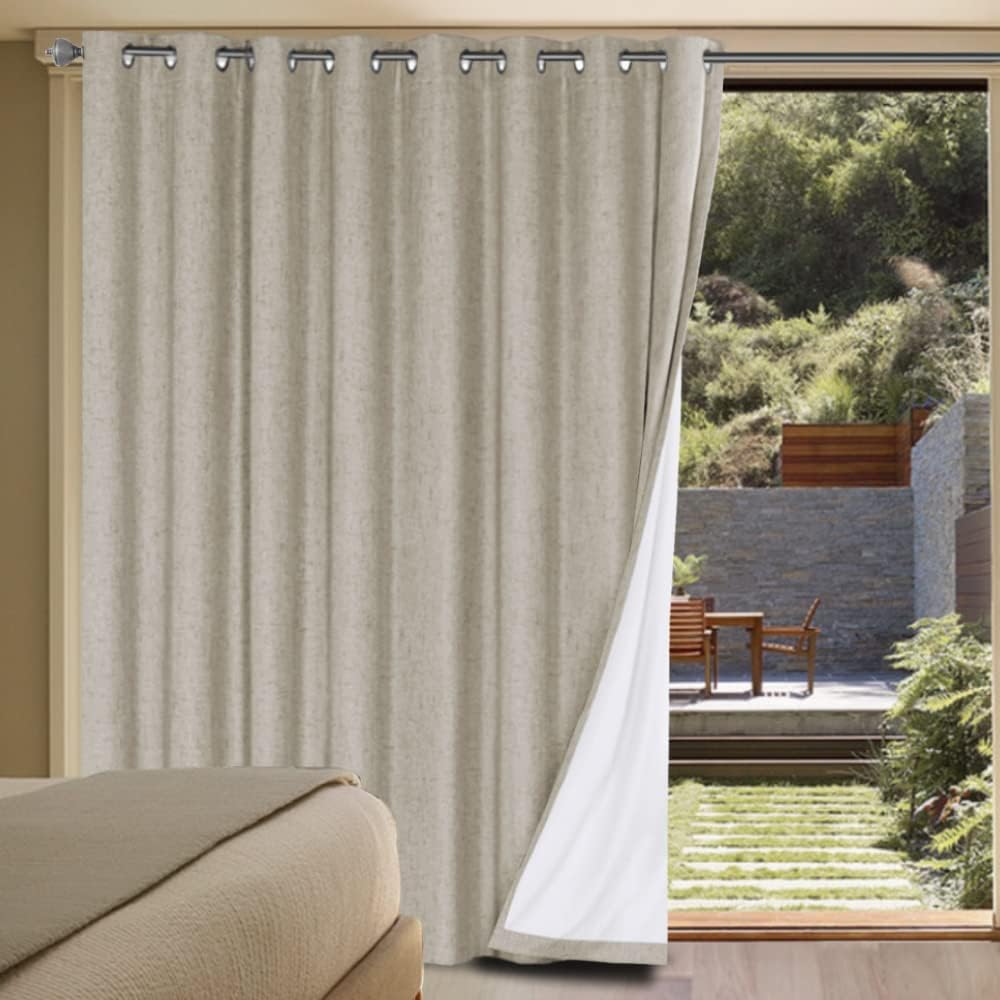 H.VERSAILTEX Linen Blackout Curtains Durable Thick Textured Linen Look 100% Blackout Patio Door Curtain Anti Rust Grommet Extra Wide Sliding Door Curtain Panel, Cobblestone, W100 x L108 inch