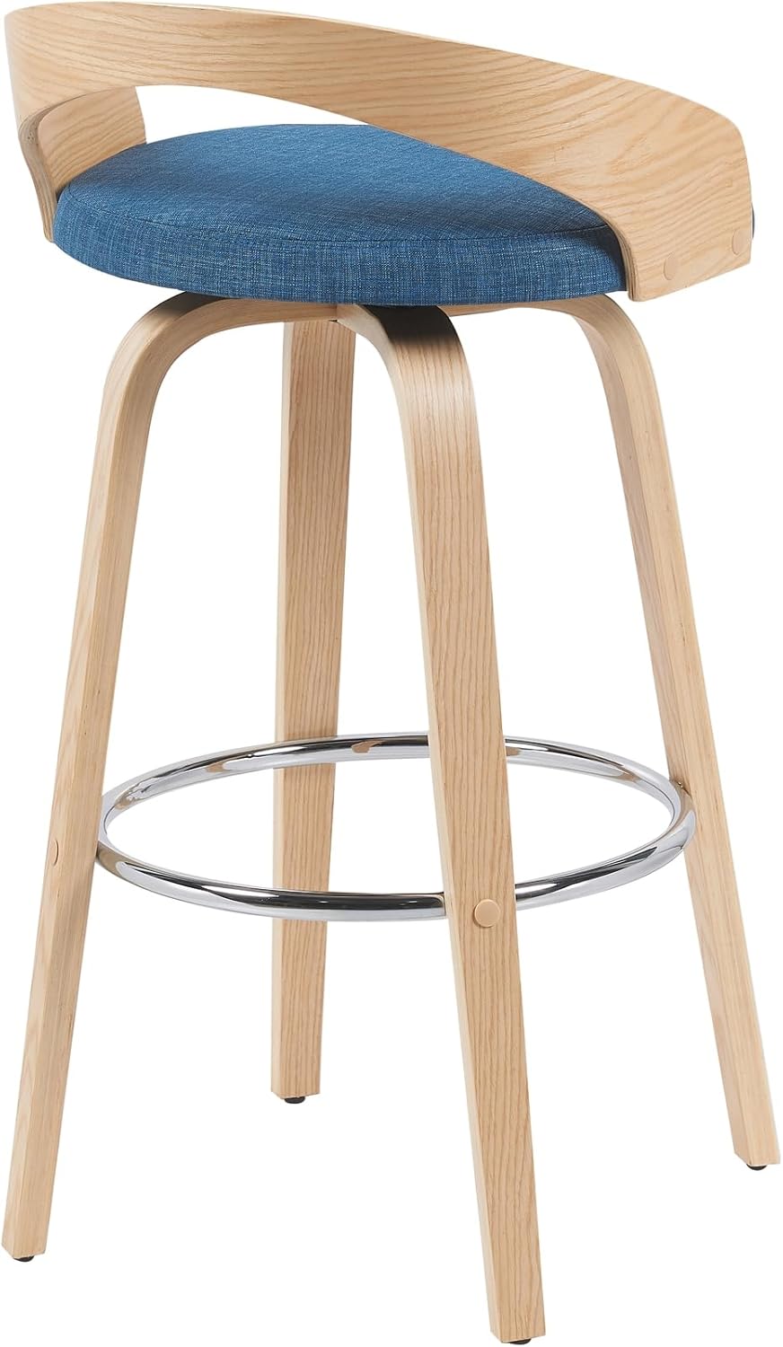 Sonia Modern Swivel Bar Height Stool with Blue Upholstered Seat and Patterned Oak Wood Finish Set of 2