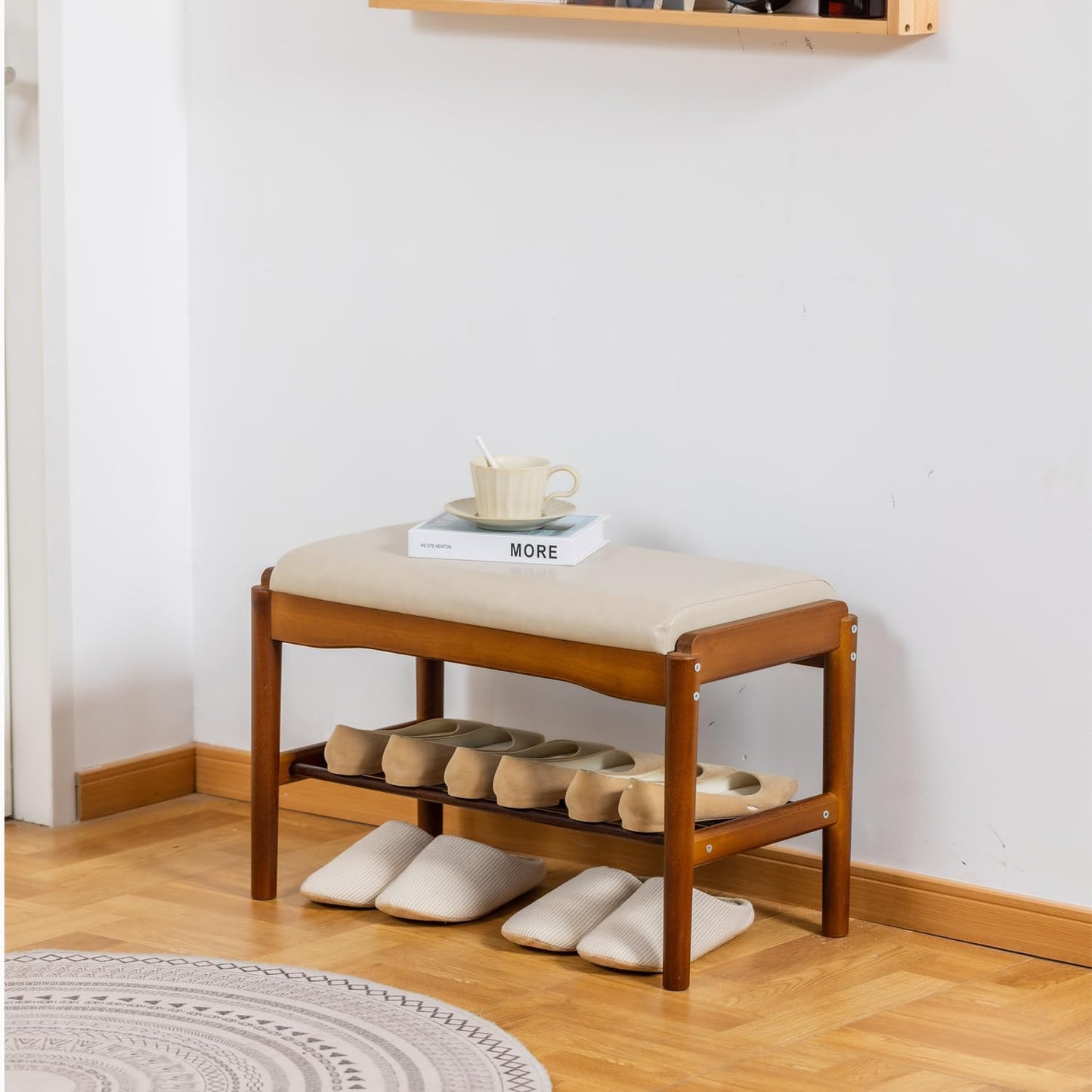 latifolia Small Shoe Bench, Solid Wood Bench with Cushion, 2 Tier Shoe Storage Organizer for Entryway(Walnut,23.62''L)