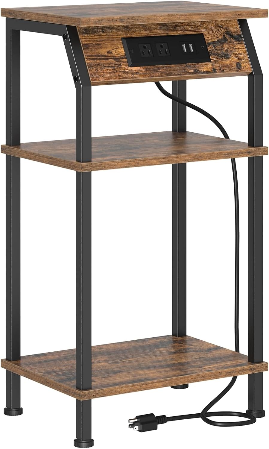 Tall Side Table with Storage, 3-Tier Small End Table with Charging Station, Narrow Bedside Table Stand, Space-Saving Nightstand for Living Room, Bedroom,Office, Rustic Brown
