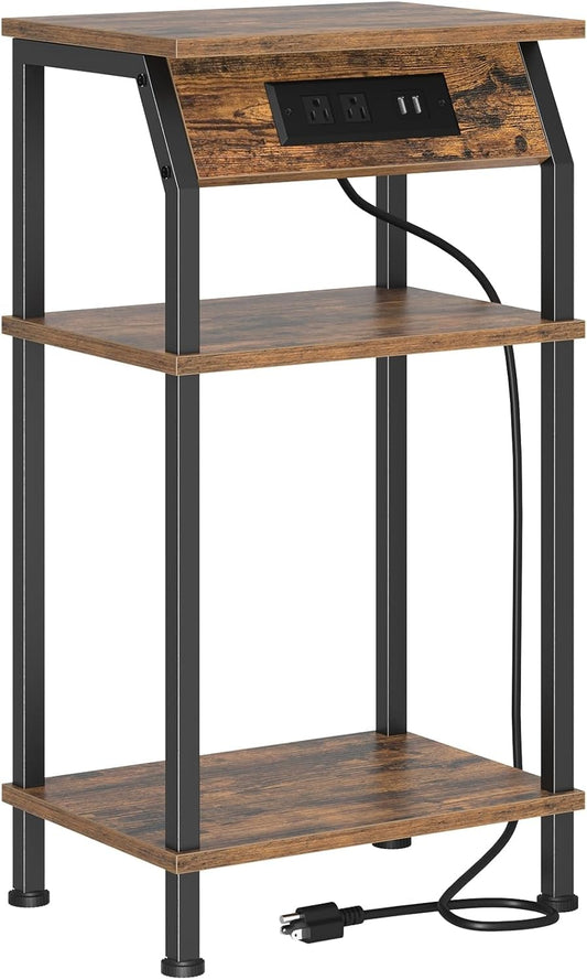 Tall Side Table with Storage, 3-Tier Small End Table with Charging Station, Narrow Bedside Table Stand, Space-Saving Nightstand for Living Room, Bedroom,Office, Rustic Brown