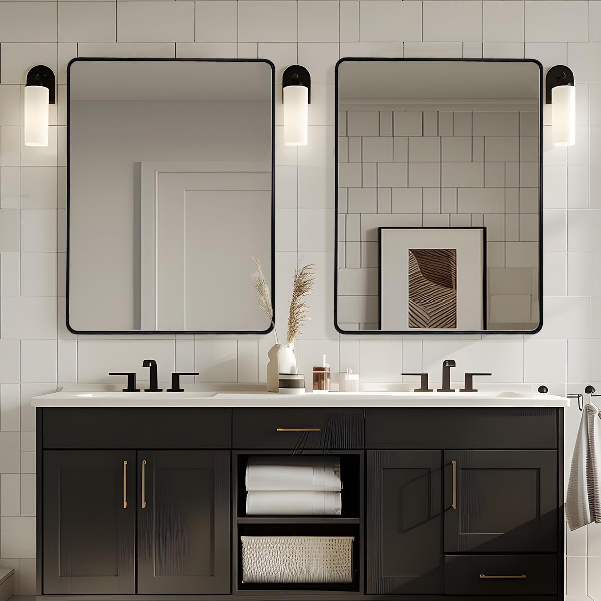 ANDY STAR 48X36 Inch Black Bathroom Mirror, Matte Black Vanity Mirrors for Wall, Rounded Rectangle Mirror for Bathroom, Seamless Tube Metal Frame, 1’’ Deep Wall Mounted Vertical/Horizontal