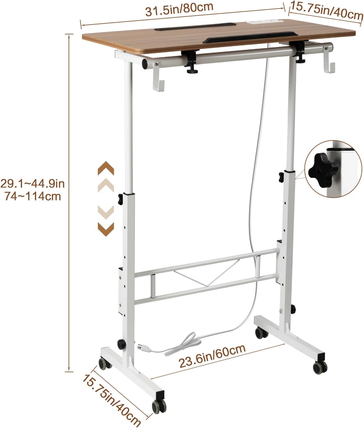 SIDUCAL Standing Desk Height Adjustable with Tiltable Tabletop, Rolling Laptop Desk with Charging Station, Sit Stand Portable Stand Up Desk with Wheels, Vintage Oak