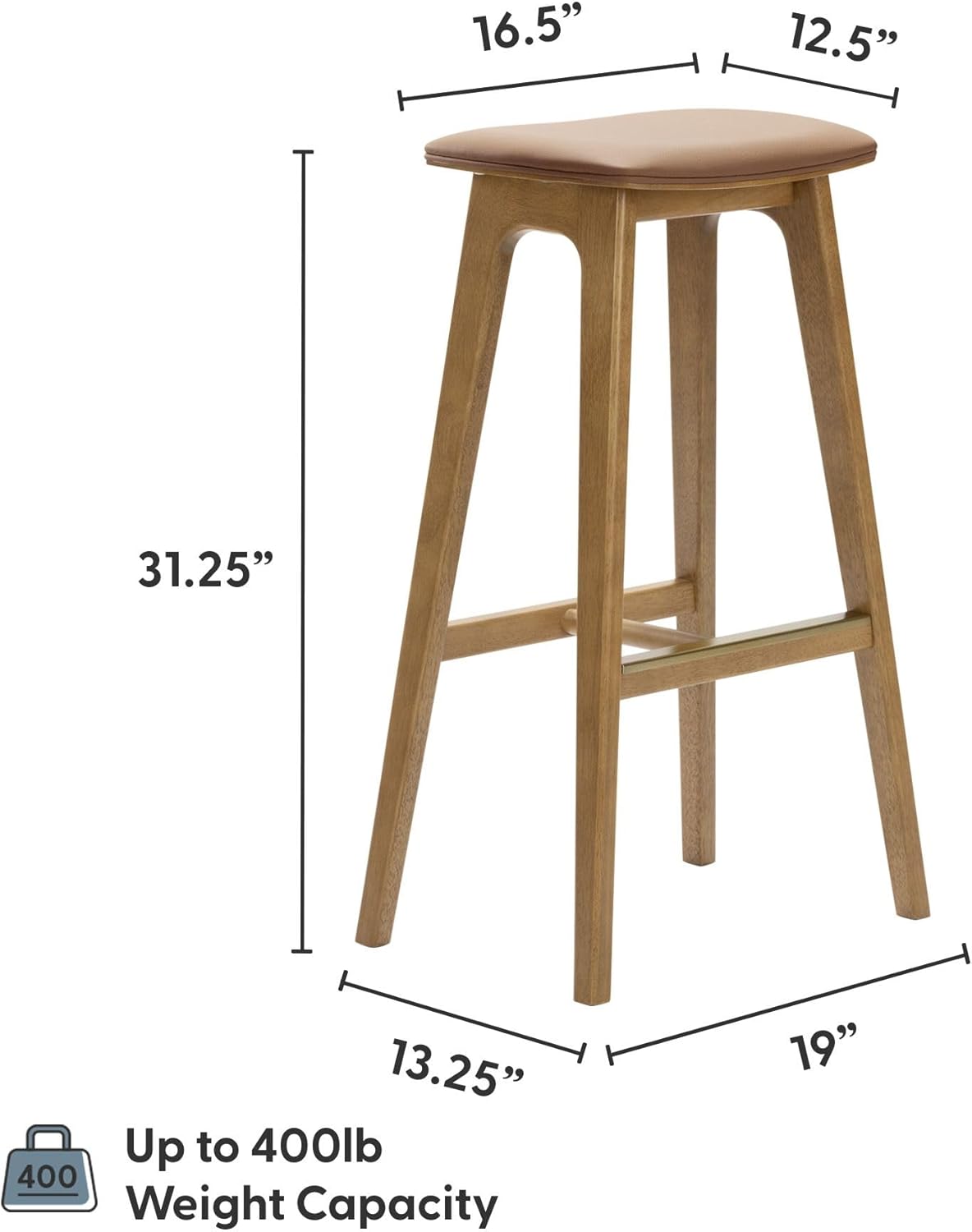 Plank+Beam Beryl Bar Height Stool - Mid-Century Modern Rubberwood Bar Stool with Faux Leather Seat, Metal Footrest, Easy Assembly, 4-Pack, Pecan/Toffee