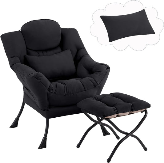 Lazy Chair with Ottoman, Comfy Fabric Accent Lounge Arm Chair with Lumbar Pillow and Folding Footrest, Reading Leisure Sofa Chair for Bedroom, Living Room, Dorm,Black