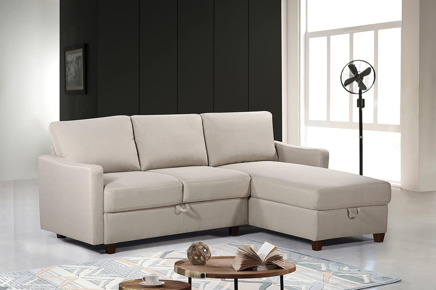 Container Furniture Direct Sectional Sofa with Storage – Modern Upholstered Living Room Couch, Reversible Chaise for Home, Apartment, Office, 81.9” L, Beige