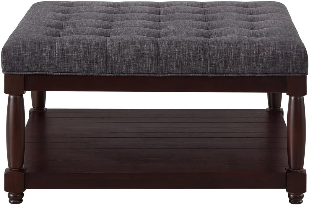 24KF Upholstered Square Coffee Table with Wooden Shelf, Tufted Button Large Square Ottoman with Spindle Wooden Legs, Linen Large Footrest Ottoman Pouf for Living Room, Dark Gray