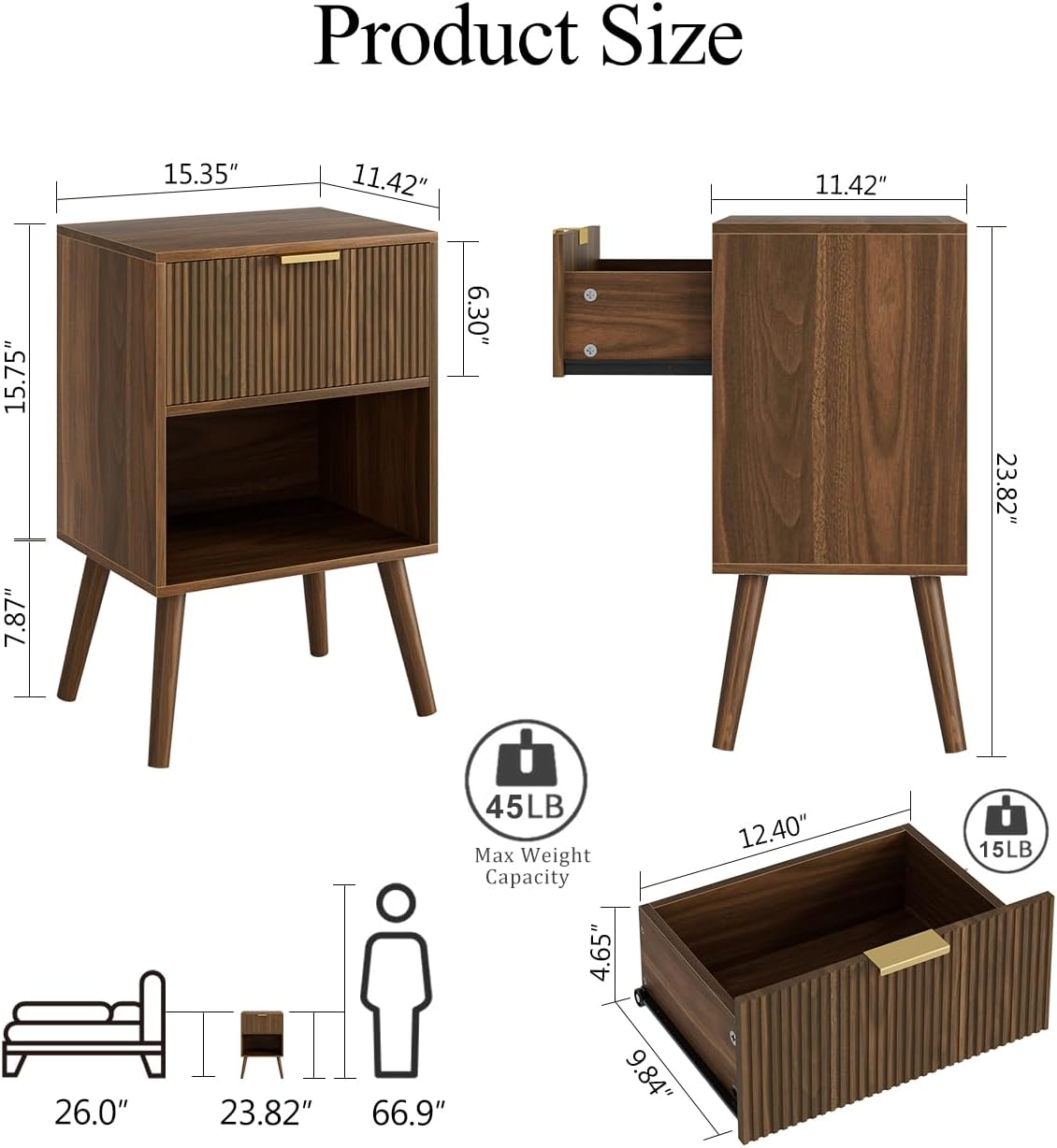 Nightstand, Small Side Table, Bedside Table with Drawer, Modern Night Stand, End Table for Bedroom, Living Room (Walnut Stripe)