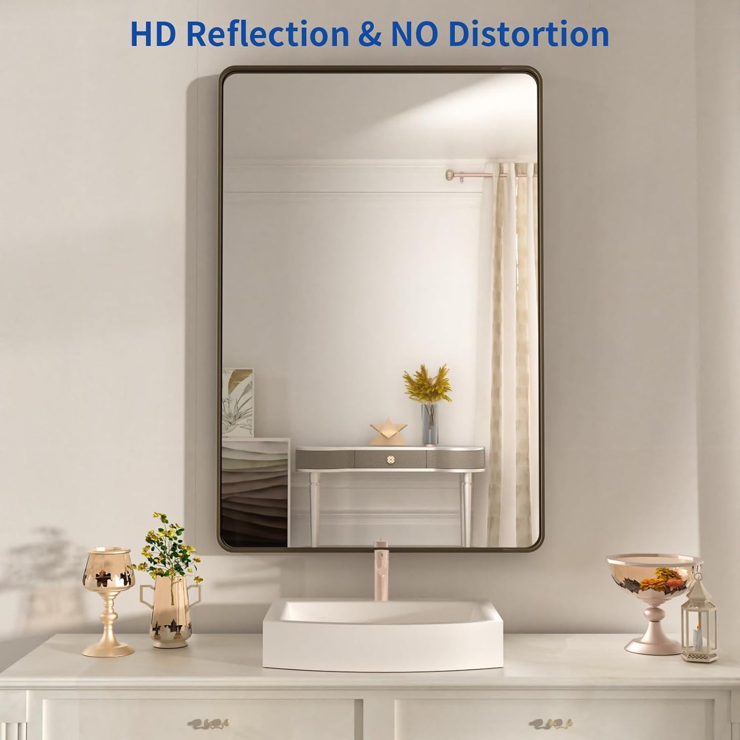 WEER 28x36 Inch Bronze Bathroom Mirror for Vanity, Brushed Bronze Metal Frame Mirror for Wall, Rounded Rectangle Bronze Frame Mirror with Tempered Glass, Anti-Rust (Horizontal/Vertical)