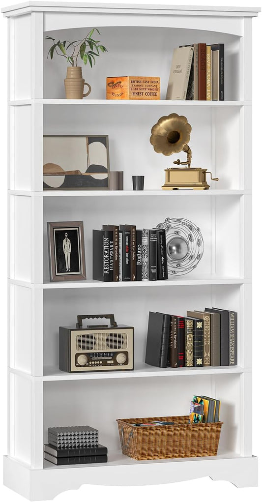 TVU 5-Tier Wood Book Shelf, 65 Inch Tall Bookshelf with Storage, Floor Standing Display Bookcase for Living Room, Office, Study Room, Entryway, White
