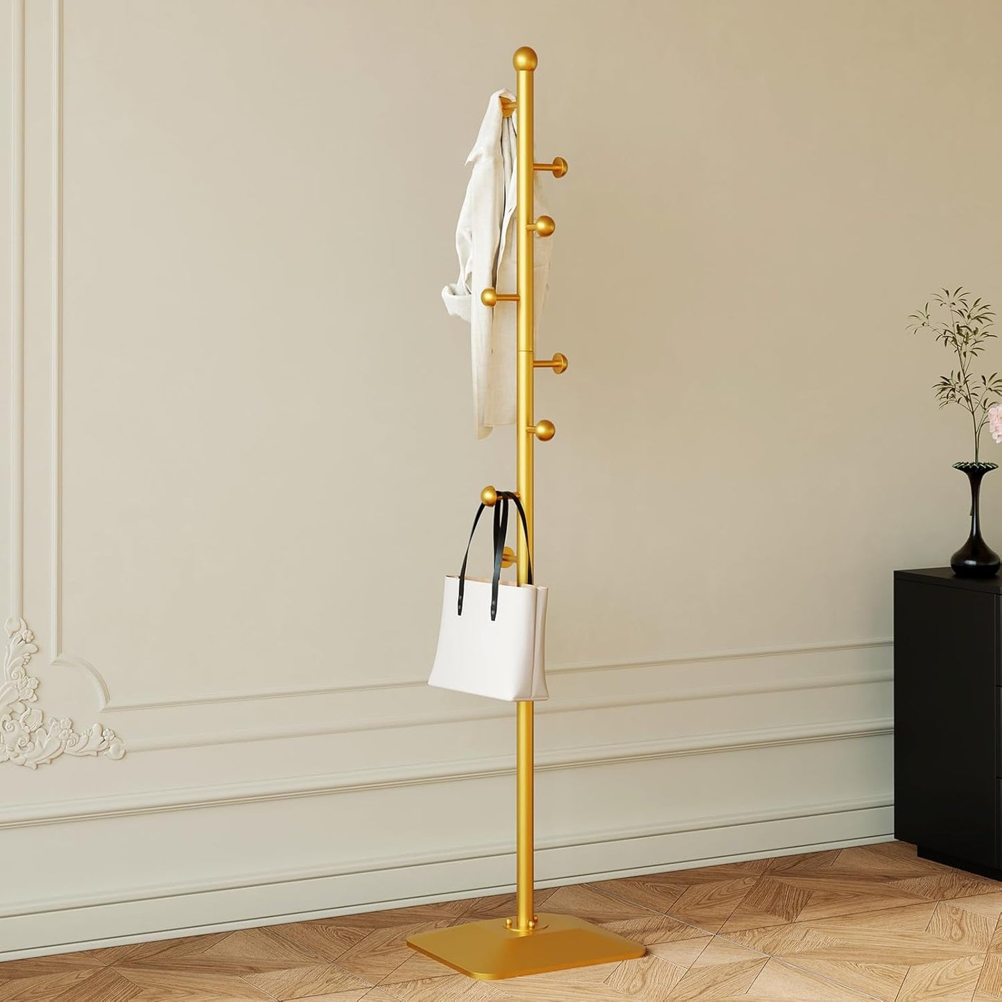 Gold coat rack,Metal coat hanger stand,Coat Tree freestanding Heavy duty with 8 Hooks and Cast iron base for coats,Hat,scarf,jacket,purse