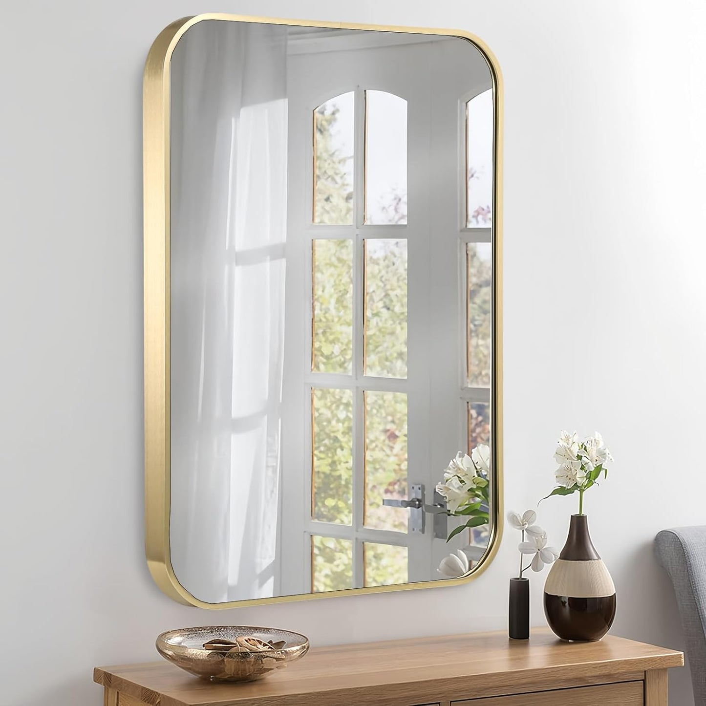 26x38 Inch Gold Bathroom Mirror, Brushed Brass Gold Metal Framed Rectangular Mirror with Rounded Corner, Bathroom Vanity Mirror for Bedroom or Living Room, Horizontal/Vertical