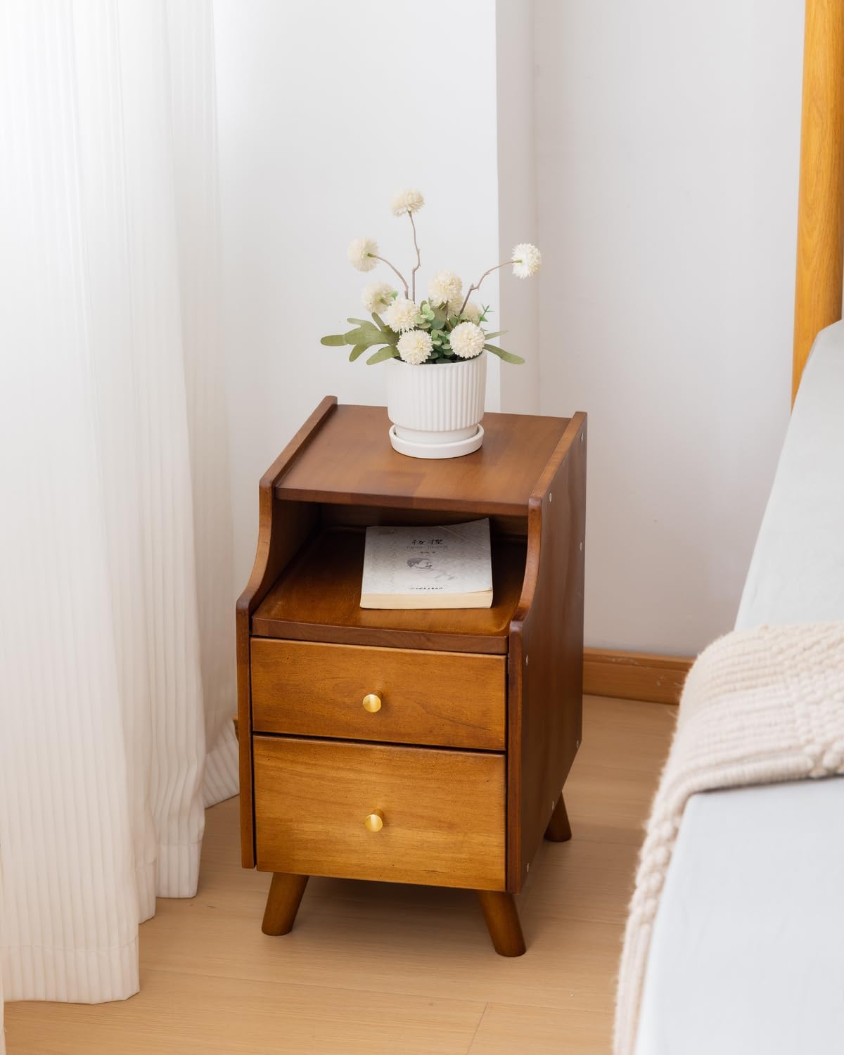 Small Nightstand, Narrow Nightstand, Solid Wood Night Stand, Narrow Side Table for Small Spaces, Couch, Walnut Color 11.81 in Wide