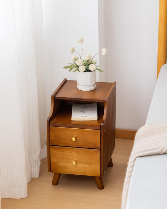 Small Nightstand, Narrow Nightstand, Solid Wood Night Stand, Narrow Side Table for Small Spaces, Couch, Walnut Color 11.81 in Wide