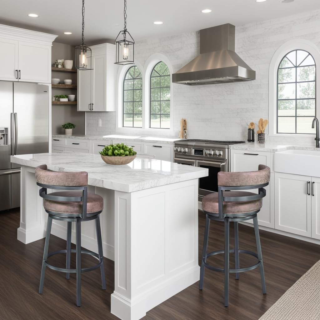 Armen Living Madrid 26" Seat Height Swivel Bandero Tobacco Faux Leather and Mineral Finish Bar Stool for Kitchen Island Counter