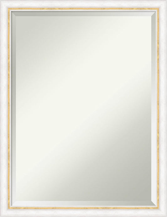 Amanti Art White Bathroom Mirror for Over Sink, 26x20 Morgan White Gold Rectangle Vanity Mirror, Medium Modern Contemporary Wood Frame, Hangs Horizonally and Vertically, Bathroom Wall Decor, Beveled