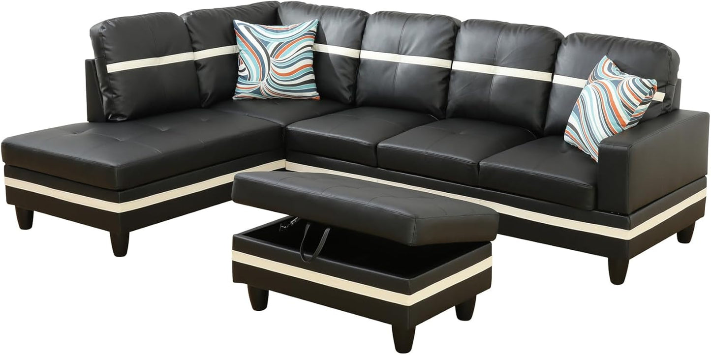 L Shaped Couch PU Leather Sectional Couch Upholstered 3 Pieces Sofas for Living Room with Chaise, Storage Ottoman for Office and Small Apartment, Black