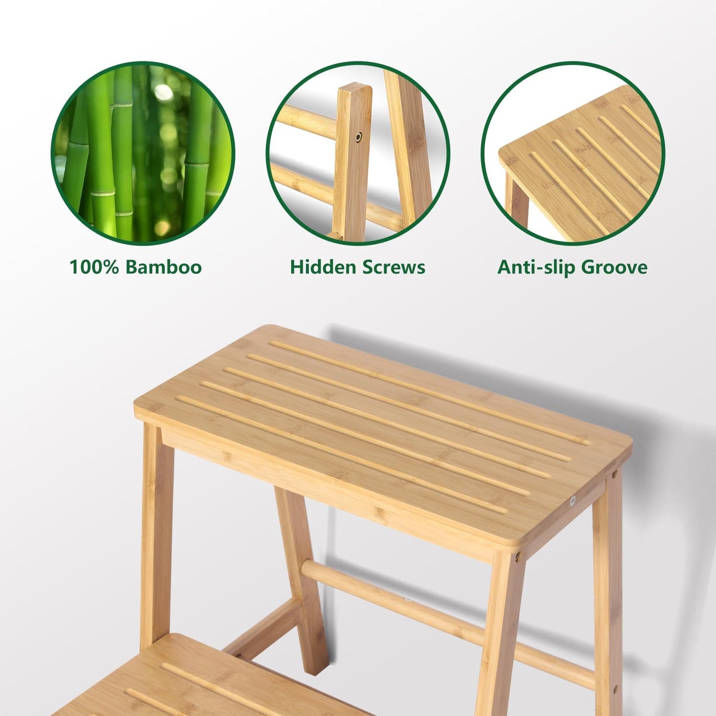 Bamboo Folding Climbing Step Stool, 2 Step Ladder Multi-Functional Stair Chair with Sturdy Structure, Non-Slip Step Pads, Wide Stepping Surface for Safety, Simple Folding Stool for Bathroom, Kitchen