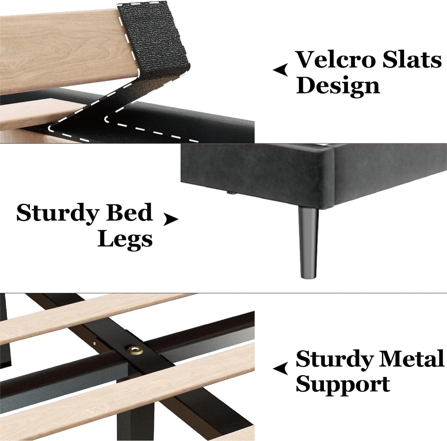 King Size Bed Frame with Velvet Upholstered Headboard, Platform Bed with Strong Wood Slats, Mattress Foundation, Box Spring Optional, Easy Assembly, Black