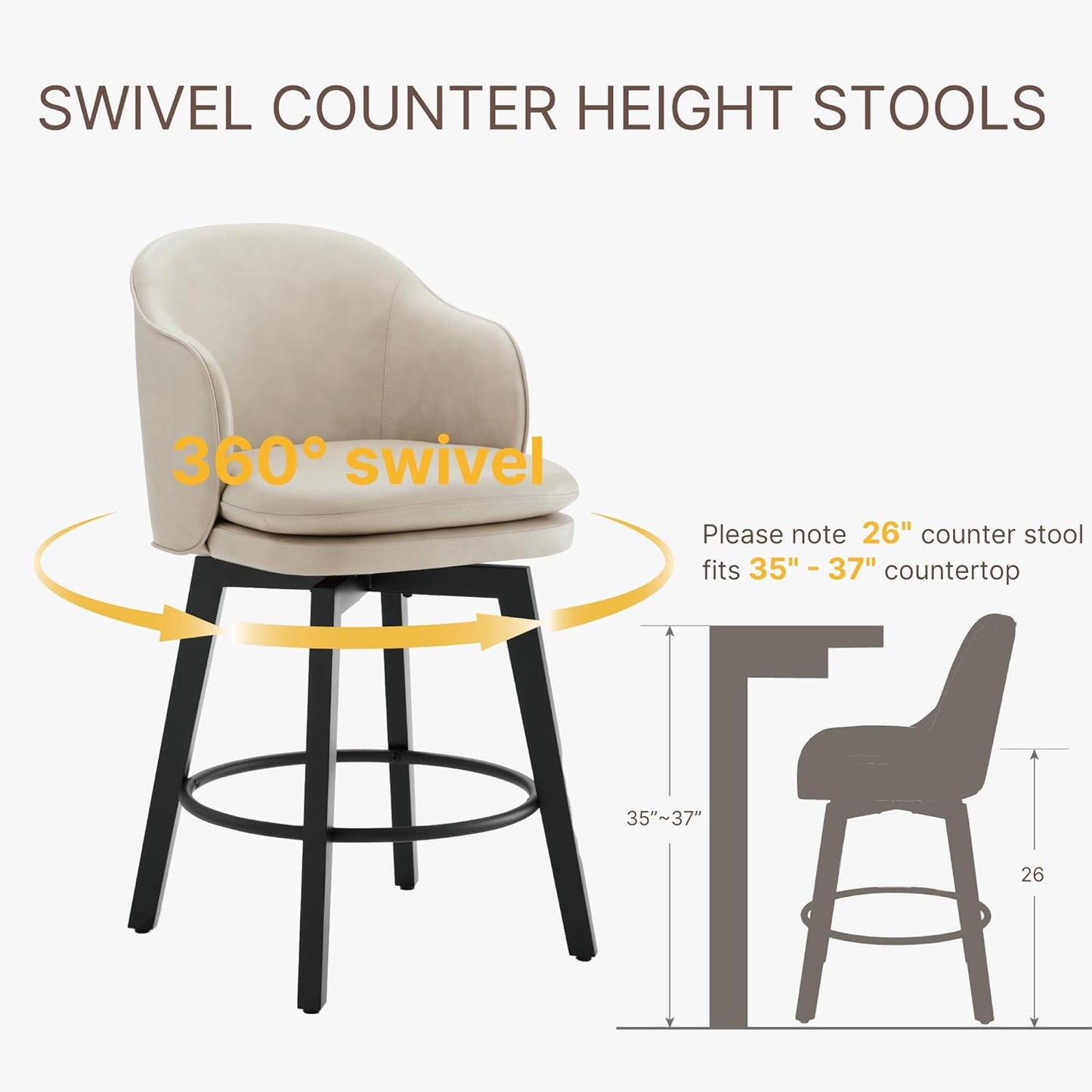 Counter Height Barstools 26 inch Upholstered Swivel Bar Stools with Back and Wood Legs for Kitchen Island,Set of 1,Beige PU Leather